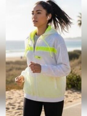bebe Sport Windbreaker  BEBE White & NEON Yellow full zip up hood jacket size 1X